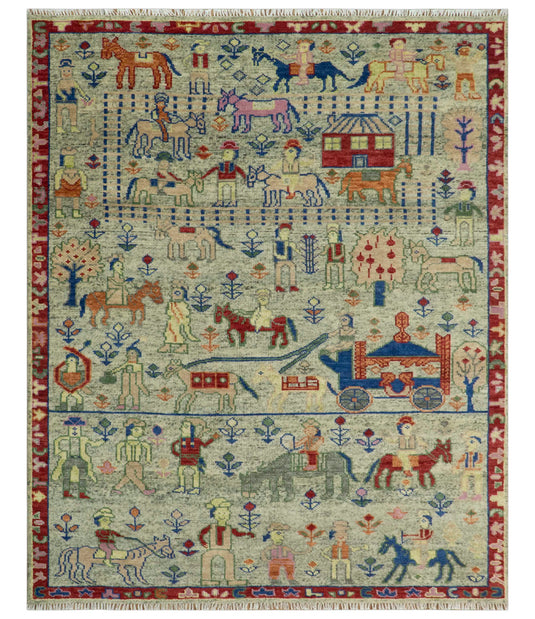 Custom Made Folk Art Green, Beige, Blue And Rust Hand Knotted Wool Area Rug