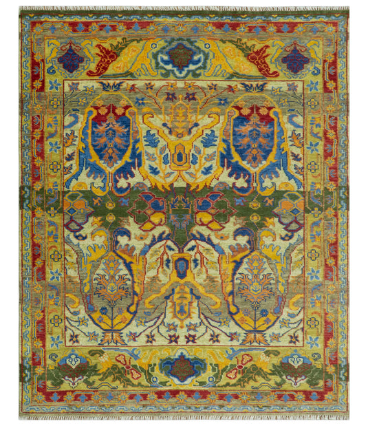 Custom Made Transitional Gold, Green And Blue Hand Knotted Wool Area Rug