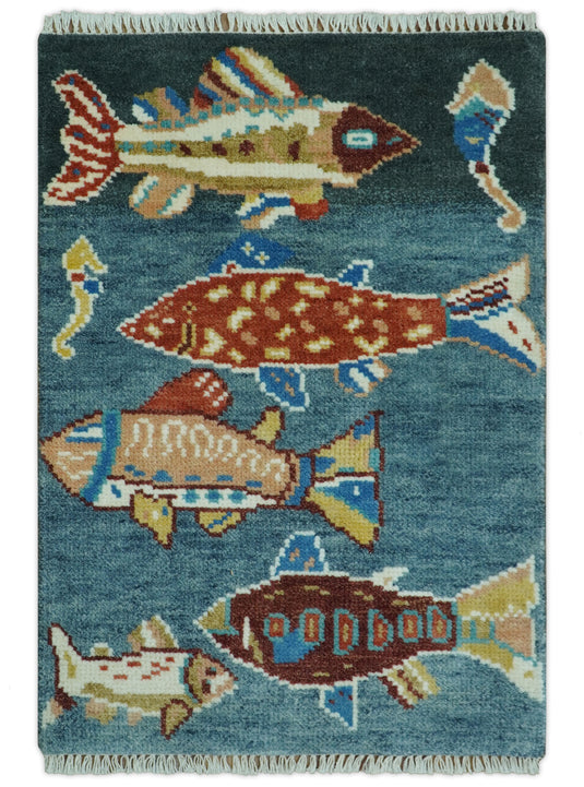 Fish Motif Teal, Brown And Beige Hand knotted Wool Rug 2x3 ft Ideal for Living, Bedroom And Dining Rooms