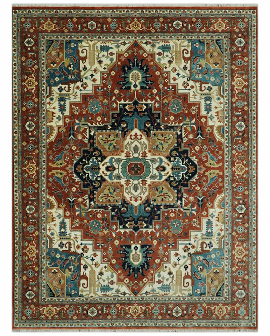 Hand Knotted Traditional Herati Maroon, Cream, Teal And Beige Wool Rug 9X12 ft Ideal for Living, Bedroom And Dining Rooms | CP2447912