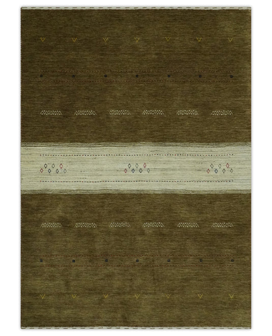Lori Ivory And Green Handloomed 4.6x6.6 ft Bedroom, Living Room Rug Wool Area Rug