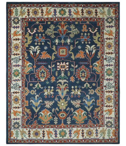 Traditional Pattern Blue, Rust and Ivory Hand Knotted 8x10 ft wool Area Rug