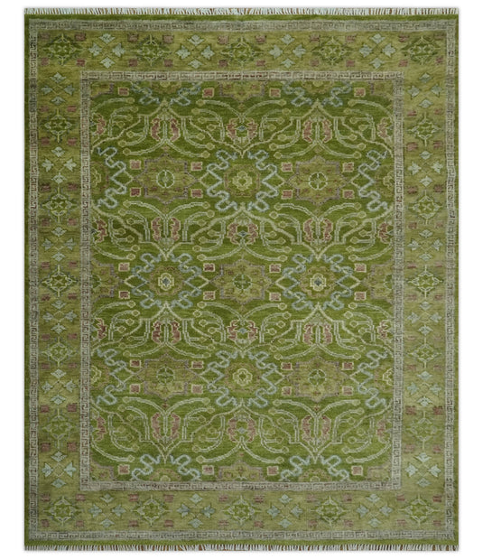 Traditional Floral Green, Brown And Gray Hand Knotted Wool Rug 8x10 ft Ideal for Living, Bedroom And Dining Rooms