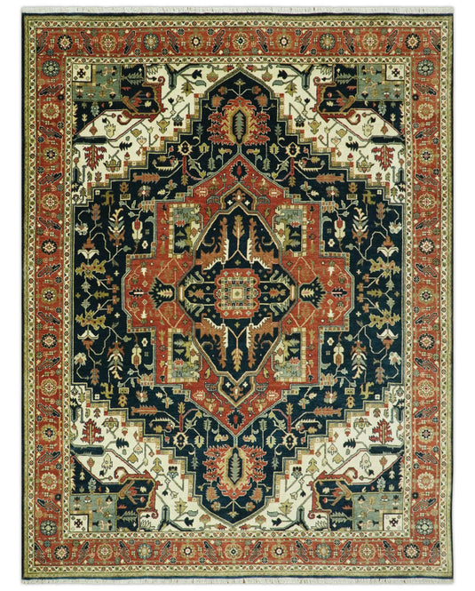 Hand Knotted Black, Rust And Cream Traditional Herati Wool Rug 9X12 ft Ideal for Living, Bedroom And Dining Rooms | CP2446912