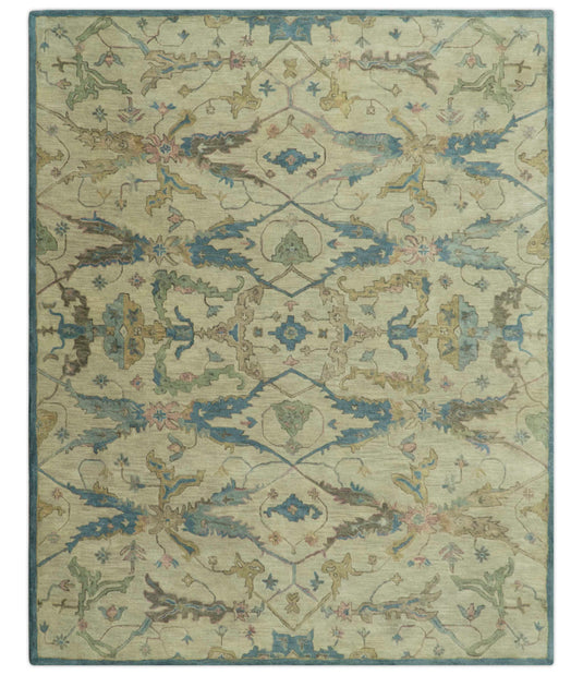 Beige And Blue Traditional Oushak Design Hand Tufted 8x10 ft Bedroom, Living Room Rug Wool Area Rug
