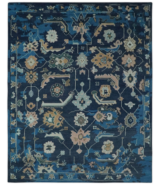 Traditional Floral Pattern Blue, Beige, Peach and Navy Blue Hand Knotted 8x10 ft wool Area Rug