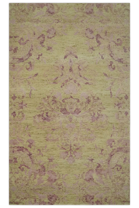 Traditional Floral pattern Hand Knotted Olive and Purple 3x5 ft Bedroom, Living Room Rug Wool Silk Area Rug