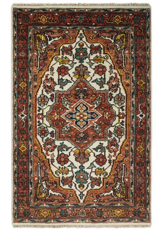 5x8, 6x9, 8x10, 9x12 and 10x14 Red and Ivory Hand Knotted Antique Turkish Large Traditional Vintage Wool Rug, Living Room Rug | CP89S