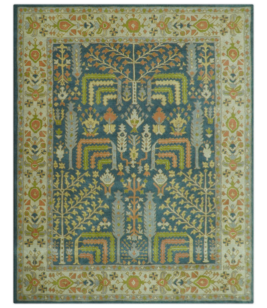 Custom Made Traditional Tree of Life Teal And Beige Hand Tufted Wool Area Rug