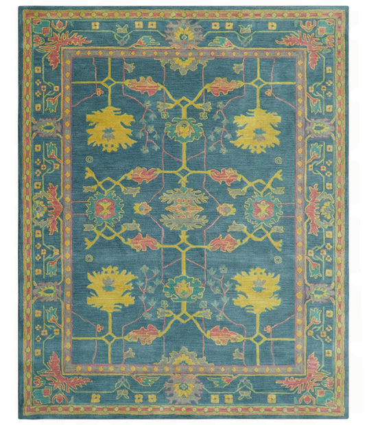 Custom Made Traditional Oushak Blue And Yellow Hand Tufted Wool Area Rug