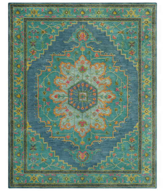 Traditional Floral And Botanical Pattern Green, Blue And Yellow Hand Tufted 8x10 ft Bedroom, Living Room Rug Wool Area Rug