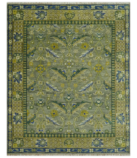 Hand Knotted Olive, Green And Blue Traditional Floral Wool Rug 8x10 ft Ideal for Living, Bedroom And Dining Rooms