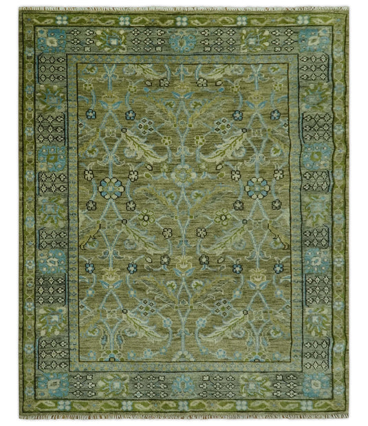 Custom Made Hand Knotted Green, Grey And Blue Traditional Floral Wool Area Rug