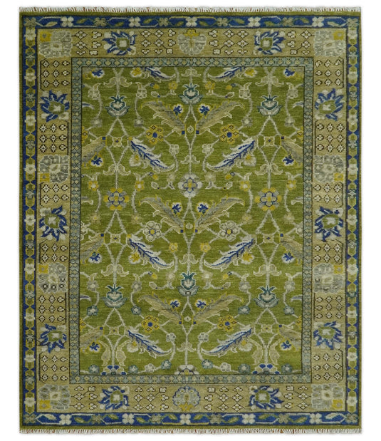 Green And Blue Hand Knotted Traditional Floral Wool Rug 8x10 And 4x6 ft Ideal for Living, Bedroom And Dining Rooms