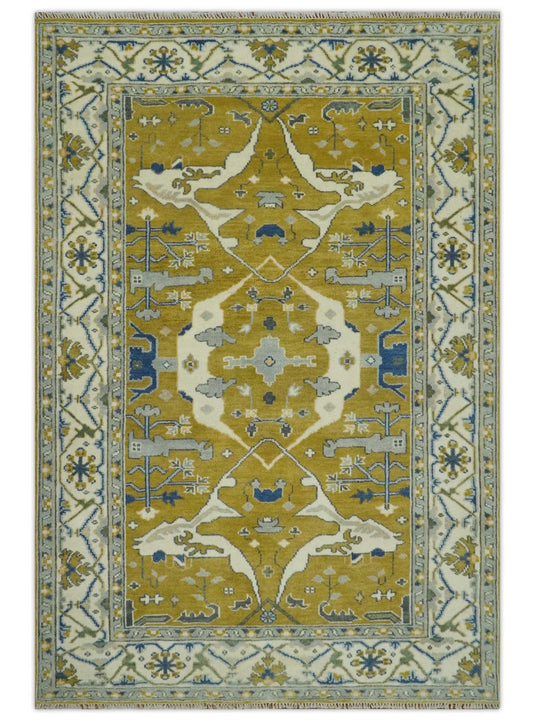 Custom Made Hand Knotted Turkish Oushak Mustard, Blue, Ivory And Gray Wool Area Rug