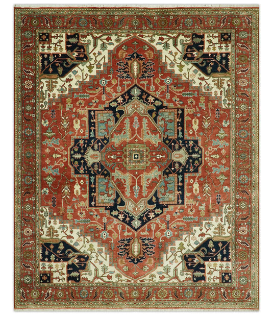 Hand Knotted Traditional Rust, Black And Ivory Wool Rug 8x10 ft Ideal for Living, Bedroom And Dining Rooms | CP2437810