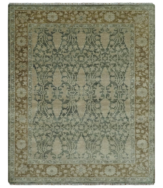 Antique Traditional Hand Knotted Green, Brown And Beige Wool Rug 8x10 ft Ideal for Living, Bedroom And Dining Rooms