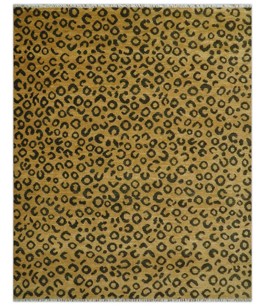 Golden-Brown And Charcoal Modern Leopard Hand Knotted Wool Rug 8x10 ft Ideal for Living, Bedroom And Dining Rooms