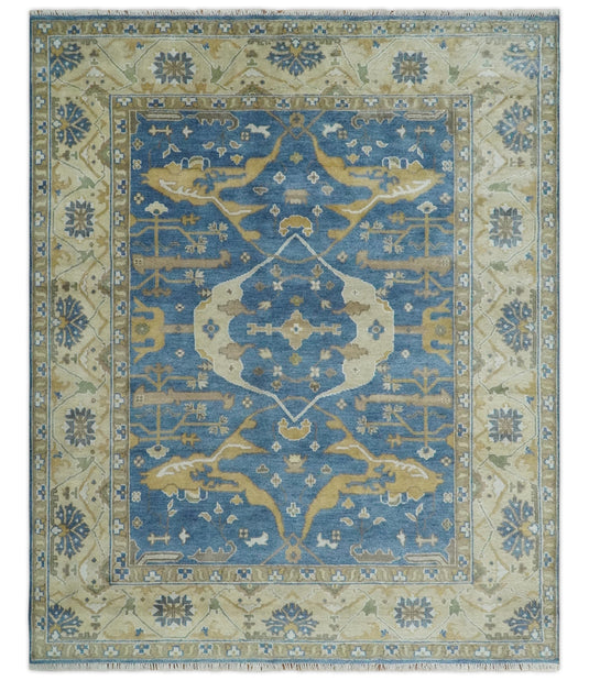Traditional Oriental Oushak Hand knotted Blue and Beige 8x10 ft Bedroom, Living Room Rug ,wool Area Rug
