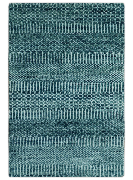 Modern Teal, Blue And Ivory Geometrical Striped Hand knotted Wool Rug 2x3 ft Ideal for Living, Bedroom And Dining Rooms