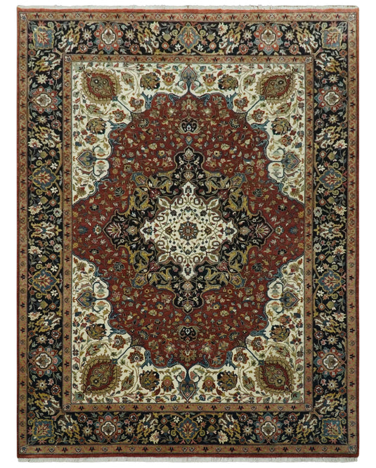 Ivory, Maroon And Black Traditional Serapi Hand Knotted Wool Rug 9x12 ft Ideal for Living, Bedroom And Dining Rooms | CP1829912