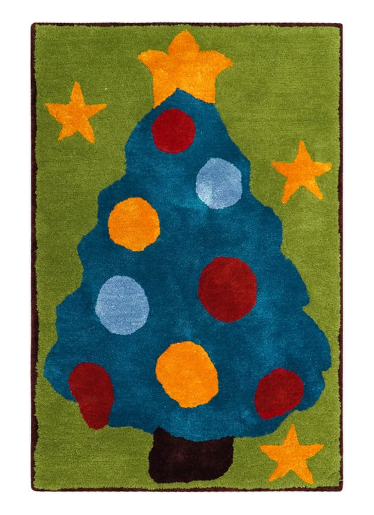 Modern Christmas Tree Green, Blue, Red And Yellow Hand Tufted 2x3 ft Bedroom, Kids Room Rug Wool Area Rug