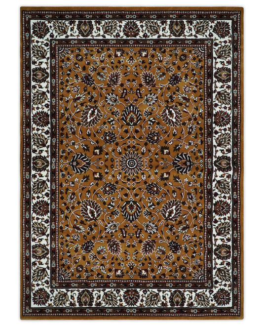 Traditional Floral Brown And White Hand Woven 5x7 ft Bedroom, Living Room Rug Wool Area Rug