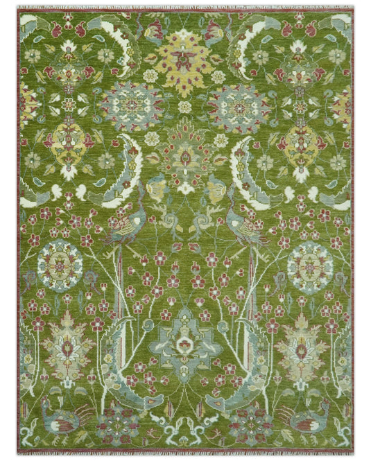 Custom Made Hand Knotted Green Peacock Motifs Wool Area Rug