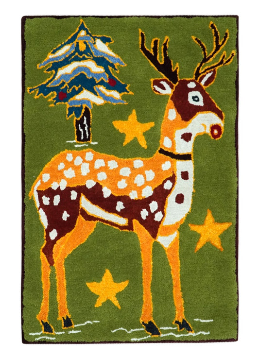 Reindeer Green, Gold And Brown Hand Tufted 2x3 ft Bedroom, Kids Room Rug Wool Area Rug