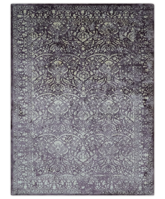 Traditional Floral Purple And Ivory Handloom 5.6x8 ft Bedroom, Living Room Rug Wool And Viscose Area Rug
