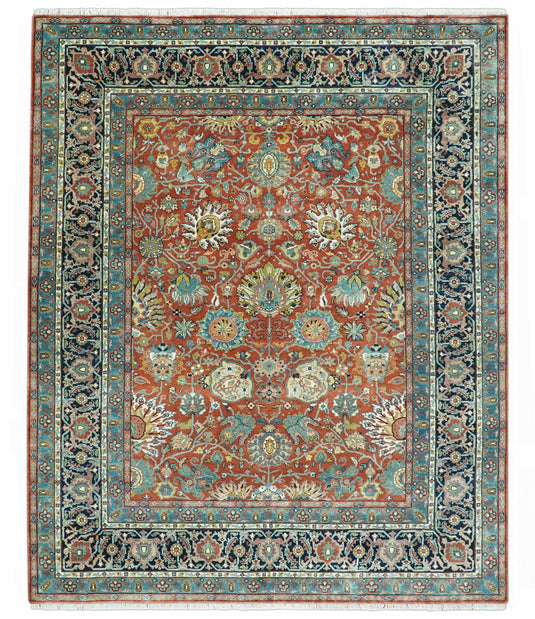 Hand Knotted Traditional Floral Rust, Blue, Black, Olive And Gold Wool Rug 8x10 ft Ideal for Living, Bedroom And Dining Rooms | CP2433810