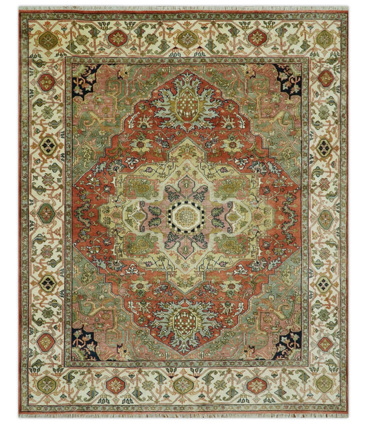 Hand Knotted Traditional Herati Green, Peach, Black, Ivory And Rust Wool Rug 8x10 ft Ideal for Living, Bedroom And Dining Rooms | CP2448810