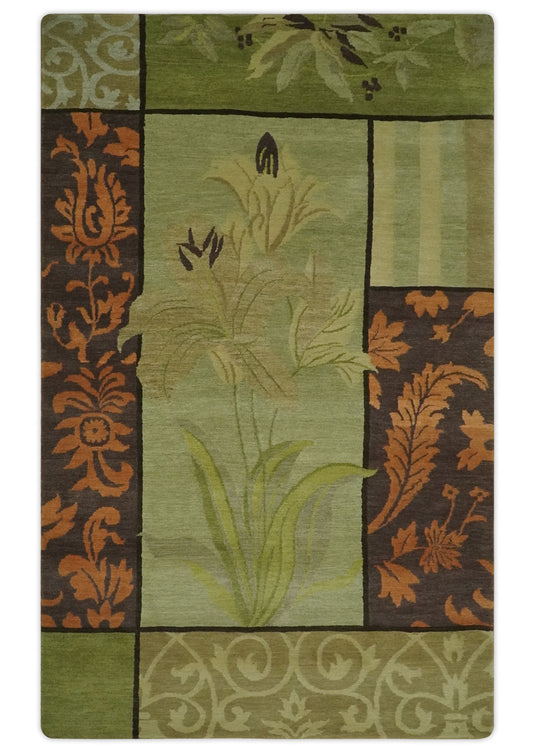 Traditional Leaf Block Print Design Brown, Green, Rust and Olive Handloomed 5x8 ft Bedroom, Living Room Rug Wool Area Rug
