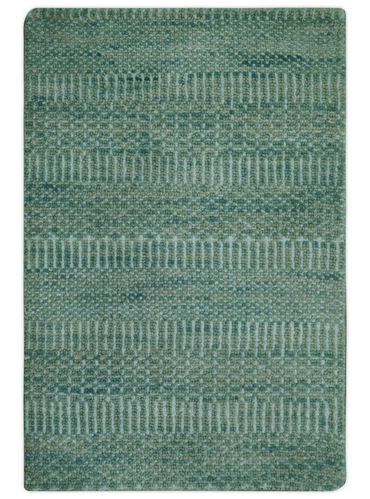Green and Beige Striped Hand knotted Wool Rug 2x3 ft Ideal for Living, Bedroom And Dining Rooms