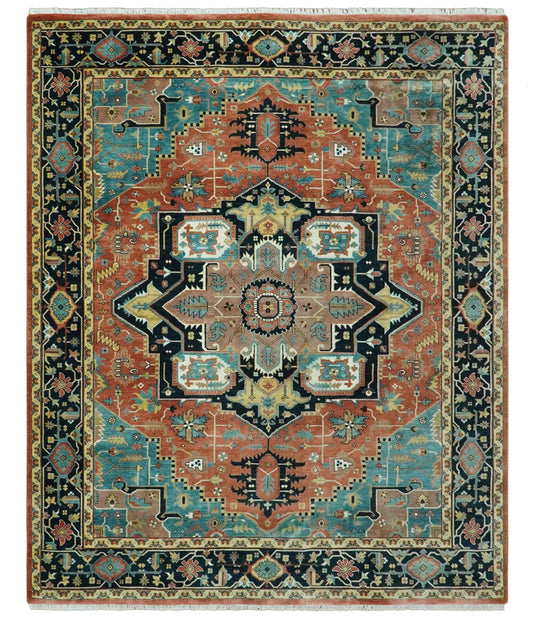 Hand Knotted Traditional Herati Teal, Black, Rust And Gold Wool Rug 8x10 ft Ideal for Living, Bedroom And Dining Rooms | CP2455810