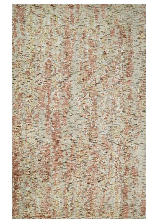Modern Abstract Peach, Ivory, Gold and Beige Handloom 5x8 ft Bedroom, Living Room Rug Wool And Viscose Area Rug