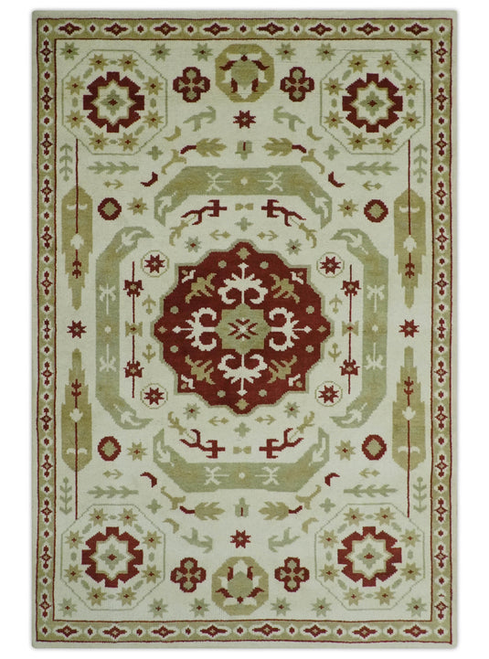 Ivory, Beige And Maroon Traditional Medallion Mamluk Hand Knotted 6x9 ft wool Area Rug