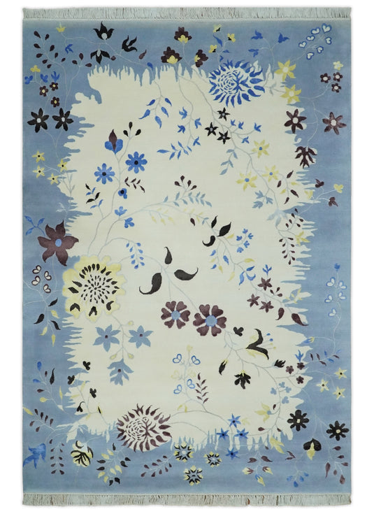 Floral Pattern Ivory, Light Blue, Brown And Charcoal Hand Knotted 6.6x10 ft Bedroom, Living Room Rug Wool Area Rug