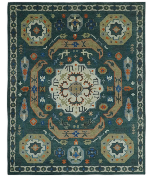 Central Medallion Teal, Beige, Olive And Blue Hand Knotted 8x10 ft wool Area Rug