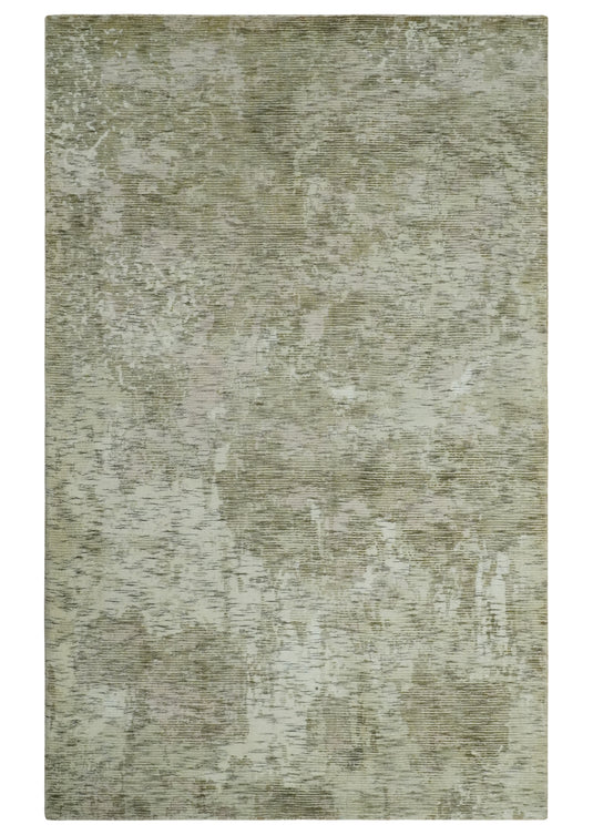 Modern Abstract Olive Green, Ivory And Charcoal Handloom 5x8 ft Bedroom, Living Room Rug Wool And Viscose Area Rug
