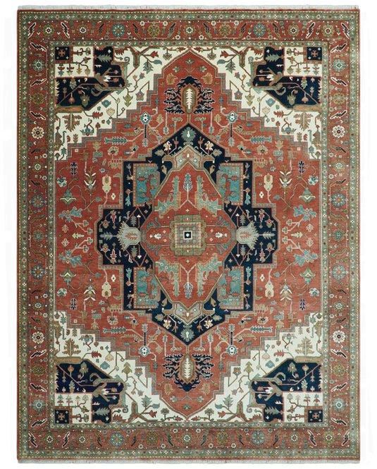 Hand Knotted Traditional Heriz Rust, Black, Blue And Ivory Wool Rug 9x12 ft Ideal for Living, Bedroom And Dining Rooms | CP1959912