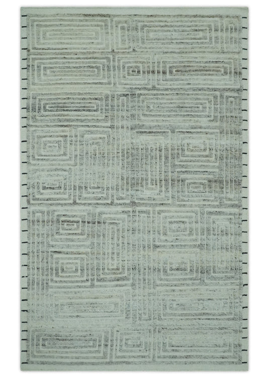 Modern Maze Pattern Gray And White Hand Knotted 5x8 ft Bedroom, Living Room Rug Wool Area Rug