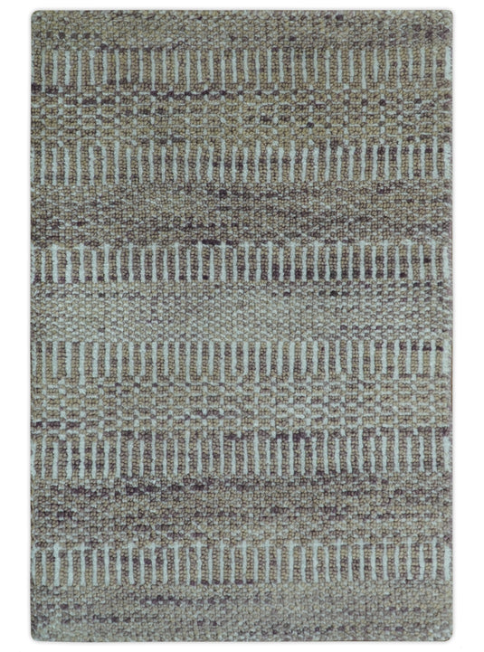 Modern Brown, Ivory And Warm Gray Geometrical Striped Hand knotted Wool Rug 2x3 ft Ideal for Living, Bedroom And Dining Rooms