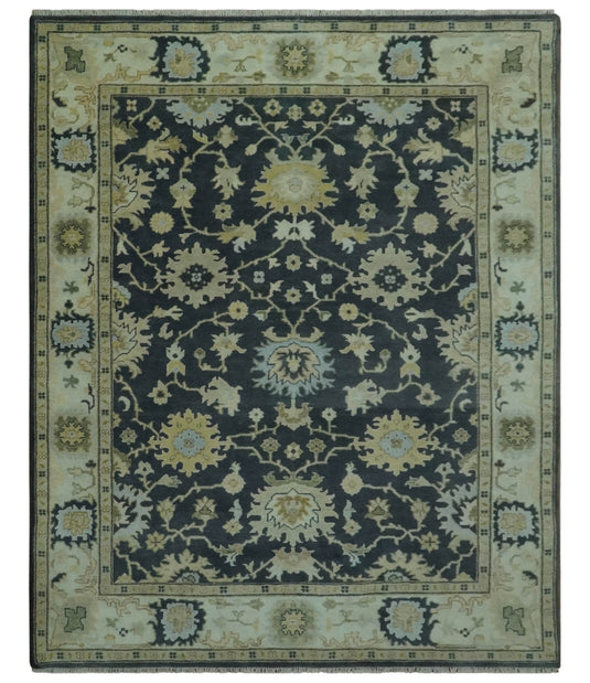 Traditional Oushak Charcoal, Sage Green And Ivory Hand Knotted Wool Rug 8x10 ft Ideal for Living, Bedroom And Dining Rooms