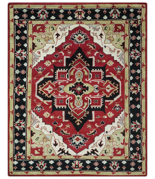 Traditional Pattern Red, Black, Ivory And Beige Hand Knotted 7.8x10 ft wool Area Rug