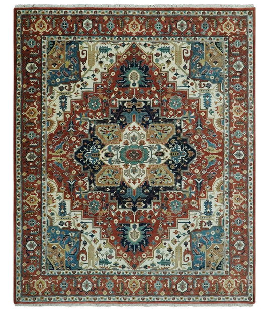 Hand Knotted Traditional Herati Rust, Blue, Teal And Ivory Wool Rug 8x10 ft Ideal for Living, Bedroom And Dining Rooms | CP2457810
