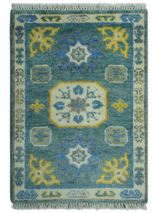 Octagonal Medallion Blue, Gold, Teal And Ivory Hand knotted Wool Rug 2x3 ft Ideal for Living, Bedroom And Dining Rooms