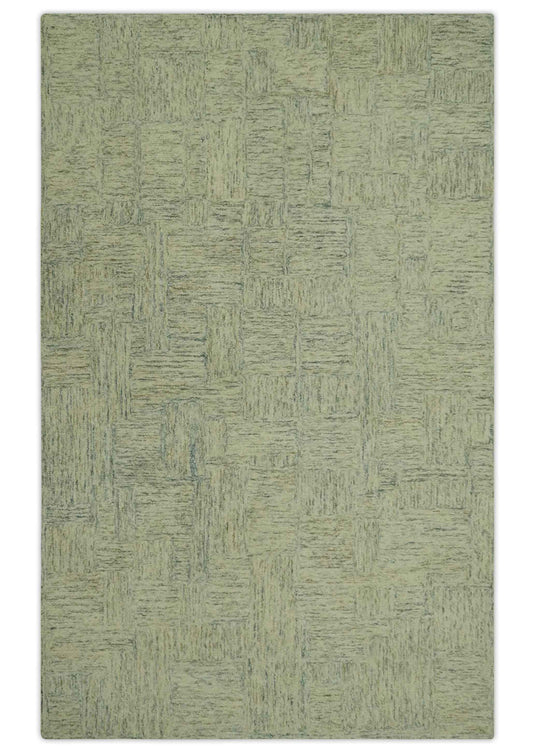 Hand Tufted Interlocking Squares Gray, Ivory And Olive Wool Rug 5x7.6 ft Ideal for Living, Bedroom And Dining Rooms