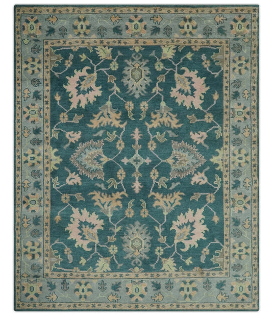 Custom Made Traditional Floral Teal, Light Peach And Gray Hand Knotted Wool Area Rug