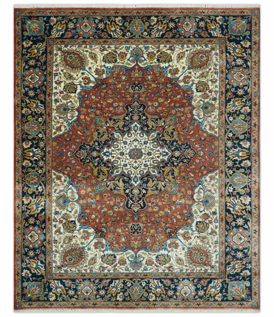 Hand Knotted Black, Rust, Ivory, Gold And Blue Heriz Serapi Wool Rug 8x10 ft Ideal for Living, Bedroom And Dining Rooms | CP2444810